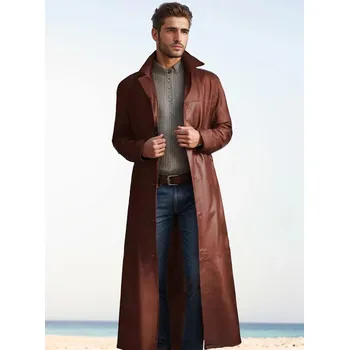 Pánský zimní kabát Pánský dlouhý kožený kabát trenč Barva: Hnědá, Velikost: S