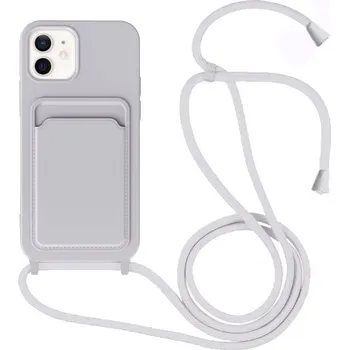 Pouzdro na mobilní telefon Silikonový kryt se šňůrkou a kapsou na karty pro iPhone 12 / 12 Pro - šedý