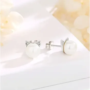 Náušnice Stříbrné náušnice kočky s perlou Mini