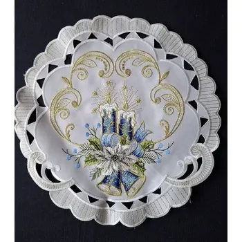 Vánoční dekorace UBRUS vyšívaný prům. 30cm vánoční modrá svíčka zvonek