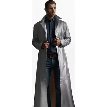 Pánský zimní kabát Pánský dlouhý kožený kabát trenč Barva: Šedá, Velikost: 3XL