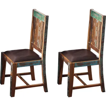 OLDTIME Židle s kůží, hnědá, 2-set, lakované staré dřevo