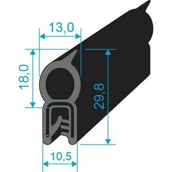 Těsnění do okna a dveří 00547005 U-PIRELI s kovovou výztuží s horním těsněním, 60°Sh, U-EPDM, bříško-EPDM