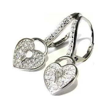 Náušnice Stříbrné náušnice Srdce zámek se zirkony 29mm Rhodium 3,10g Stříbro 925/1000
