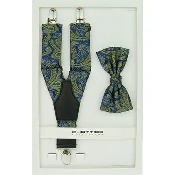 Kšandy Pánské šle s motýlkem modrozlaté s ornamenty (Pánské šle ve tvaru Y s motýlkem)