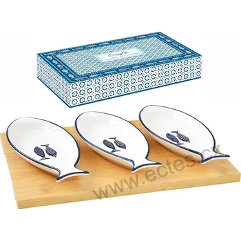 Easy Life SEA SHORE porcelánové servírovací misky na dipy na bambusovém podnose modré rybky