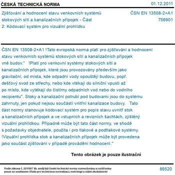 ČSN EN 13508-2+A1 - Zjišťování a hodnocení stavu venkovních systémů stokových sítí a kanalizačních přípojek - Část 2: Kódovací systém pro vizuální prohlídku - Tisk