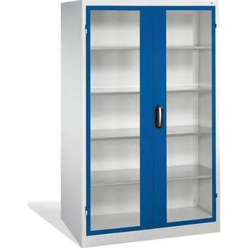 Skříňka na nářadí Dílenská skříň typ Cabo, 4 police, prosklená výplň dveří, Š 1200, H 600, V 1950 mm, šedo-modrá
