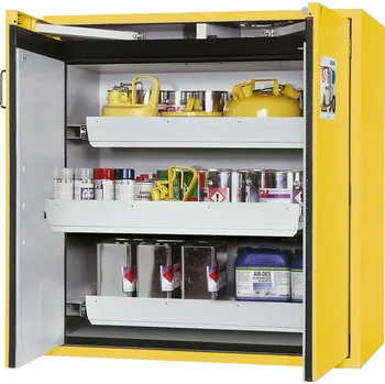Protipožární skříň na nebezpečné látky asecos Edition G-1200, 3 výsuvné vany, žlutá, výška 1300 mm