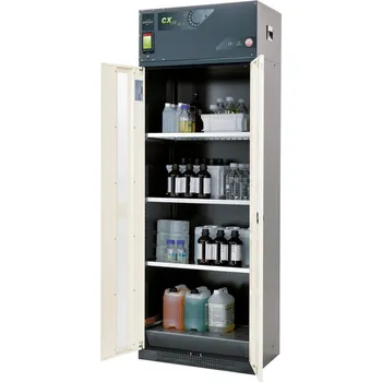 Skříň na chemikálie Custos s oběhovým filtrem, dveře bílé, 3 police, podlahová vana, typ C-83