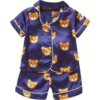 Chlapecké pyžamo Krátká hedvábná (saténová) dětská pyžámka Barva: tm. modré s medvídky, Velikost: S/80 (9-12M)