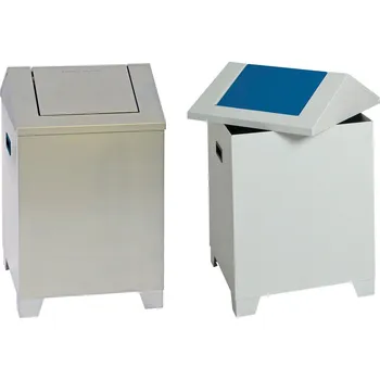 Odpadkový koš Sběrná nádoba na čisticí hadry, z lakované oceli, s modrým výkyvným krytem, samozhášecí, šedá, 73 l