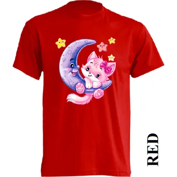 Dívčí tričko detske-levne-bavlnene-tricko-potisk-mesic-kocicka Barva: Red - červená, velikost: 152