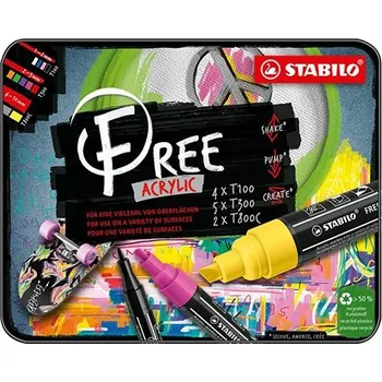 Akrylový popisovač STABILO FREE Acrylic 4xT100, 5xT300, 2xT800C, sada 11 ks