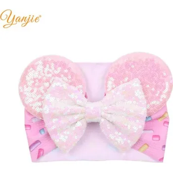 Minnie Mouse Látková čelenka s mašlí a oušky zdobené flitry Varianta: 10 růžová s bonbony, růžové uši i mašle