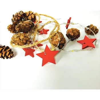 Vánoční dekorace ACA DECOR LED Vánoční girlanda - Hnědé šištičky na provázku s červenými hvezdičkami, teplá bílá, 2xAA, 160 cm