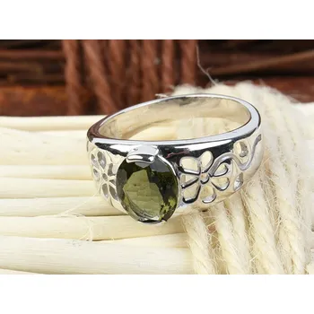 Prsten Vltavín prsten zdobený kytičkami ovál 9 x 7mm standard Ag 925/1000 + Rh