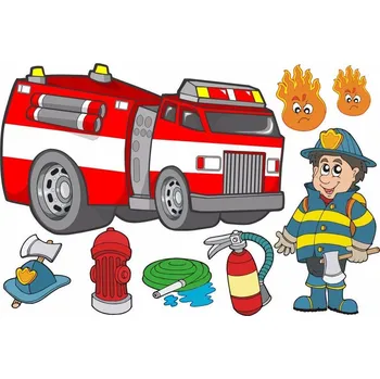 Samolepící dekorace Hasič a hasičské auto samolepka na zeď - S