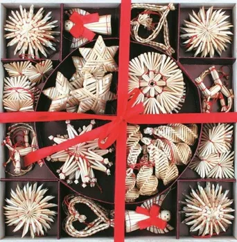 Vánoční dekorace Anděl Přerov Slaměné dekorace v dřevěné krabičce 56 ks