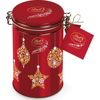 Cukrovinka Lindt LINDOR Vánoční plechová dóza s pralinkami 150 g červené hvězdičky