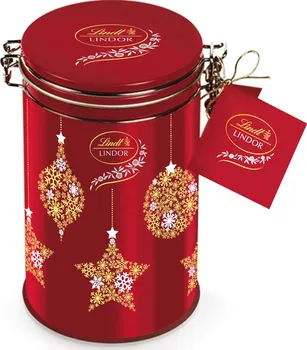 Bonboniéra Lindt Vánoční plechová dóza s pralinkami Lindor 150 g červené hvězdičky