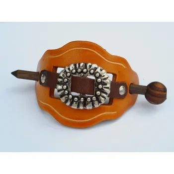 Kožená spona do vlasů s dřevěnou jehlicí č.3 Barva: Žlutá