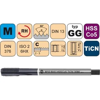 Závitořezný nástroj NÁSTROJE CZ Strojní závitník /CZZ3080/ pro jemný metrický závit s přímou drážkou CZZ Závit: M12x1.5 6HX