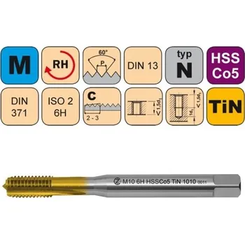 Závitořezný nástroj NÁSTROJE CZ Strojní závitník /CZZ1010/ HSSCo5 pro metrický závit s přímou drážkou CZZ Závit: M10