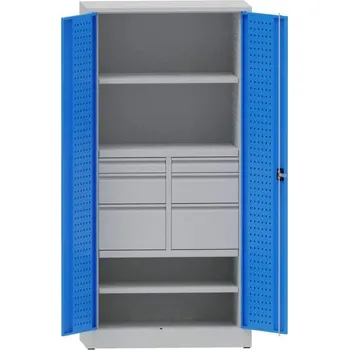 Dílenská skříň na nářadí, v x š x h: 1950x950x500 mm, perforované panely, 2 x police, 6 x zásuvka, barva šedá RAL7035 / modrá RAL5012
