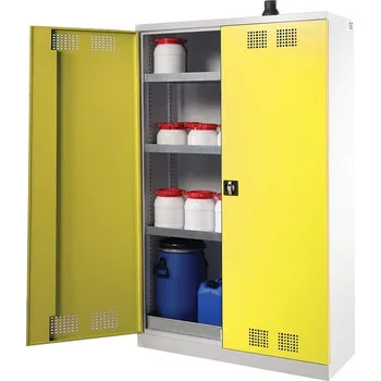 Skříň pro chemikálie, dvoudvéřová, spodní záchytná vana + 3 vanové police, š x h x v: 1200x500x1950 mm, dveře žluté RAL1023