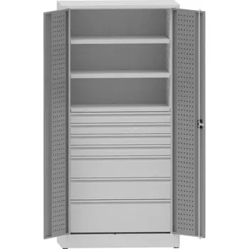Dílenská skříň na nářadí, v x š x h: 1950x950x500 mm, perforované panely, 2 x police, 7 x zásuvka, barva šedá RAL7035 / šedá RAL7035