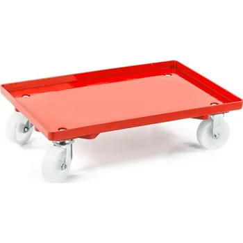 Plošinový vozík Podvozek pod EURO přepravky 600 x 400 mm, plný, 2 otočná a 2 pevná kola z plastu, barva červená