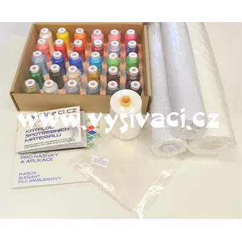vysivaci.cz velký SET podkladových materiálů pro strojní vyšívání a 30 polyester. vyšívacích nití Jednotka: SET+BMN+katalog SM + ZDARMA: barevnice materiálů na nášivky+katalog spotřebních materiálů pro vyšívání
