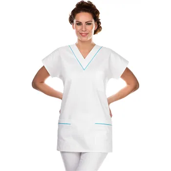 Zdravotnický plášť IREA Halena VIOLA Obvod hrudi: XL | 102-110 cm, Barva: Bílá s tyrkysovým doplňkem | na zakázku