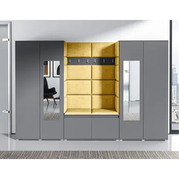 Předsíňová stěna Eka Předsíňová stěna s čalouněnými panely Trinity 10 - Grafit / Žlutá 2318