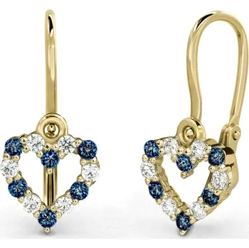 Náušnice Dětské náušnice ze žlutého zlata - srdíčka s tmavě modrými a čirými zirkony