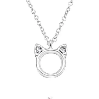 Náhrdelník Stříbrný náhrdelník Kočka s krystalem I (Řetízek a přívěsek s kočkou, Šperkovní stříbro 925)