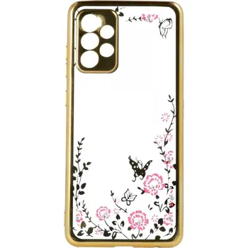 Pouzdro na mobilní telefon Kryt Samsung A72 silikon zlatý s růžovými květy (obal neboli pouzdro na Samsung A72)