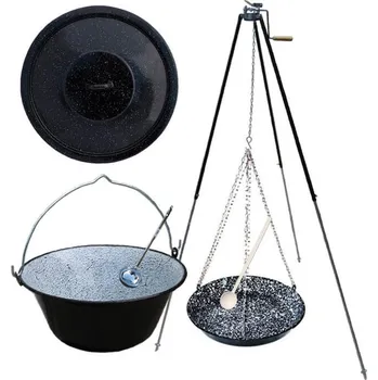 Kempingové nádobí Smaltovaný kotlík 25 L s poklicí + pánev na grilování + teleskopický stojan s kladkou VAR