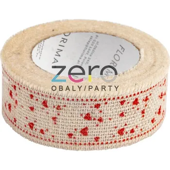 Stuha Stuha jutová 4,5 cm x 5 m - krémová s červenými srdíčky
