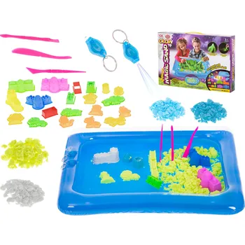 kinetický písek KiK Magický svítící tekutý písek 2 kg + formičky + pískoviště
