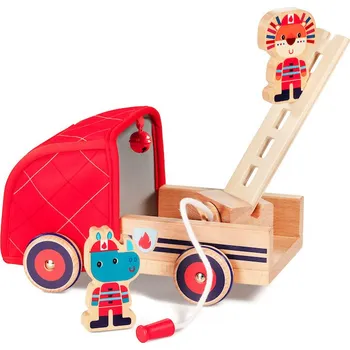 Dřevěná hračka Lilliputiens - dřevěný hasičský vůz a nosorožec Marius (Dřevěný hasičský vůz pro kluky od 2 let)