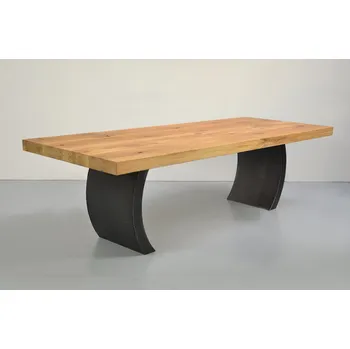 Jídelní stůl HAHNHOLZ Bukový jídelní stůl se zahnutými ocelovými líci Objednat v délce: 140 cm, šířka: 100 cm, výška: 80 cm