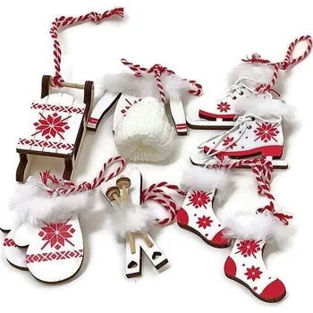 Dekorace - Dřevěný závěs, sada 6 kusů - MIX bílá s červenou