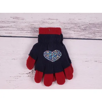 Rukavice Rukavice prstové YO R242 teplé dvojité tm. modré s červenou s flitříkovým srdíčkem velikost rukavic: 16 cm