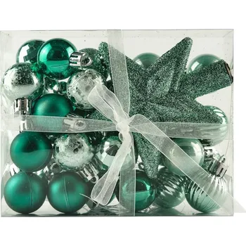 Vánoční ozdoba Sada ozdob, 29 x 3cm koule, 1x glitter špice, nefritově zelená