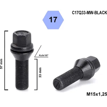 Šroubek na kolo Kolový šroub M15x1,25x33 kuželový, pohyblivá plocha, klíč 17, C17Q33-MW-BLACK, černý, výška 57 mm