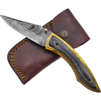 Bojový nůž PAK Zavírací damaškový nůž "PAKKAWOOD" s koženým pouzdrem