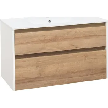 Koupelnový nábytek EBS Duomo Skříňka a keramické umyvadlo Slim 101 cm, bílá lesklá/dub Riviera