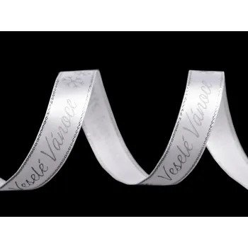 Vánoční saténová stuha Veselé Vánoce šíře 15 mm, barva bílá stříbrná